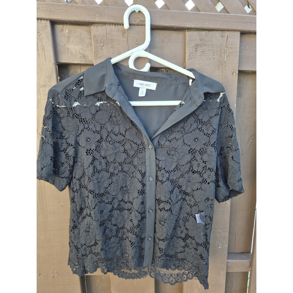 Nine West Ladies Button Down Black Top Lace Blouse Shirt Career‎ Size XS EUC
